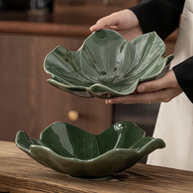 북유럽풍 빈티지 창의적인 꽃잎 접시 가정용 예쁜 과일접시 샐러드 접시23cm, 흑녹색, 2개