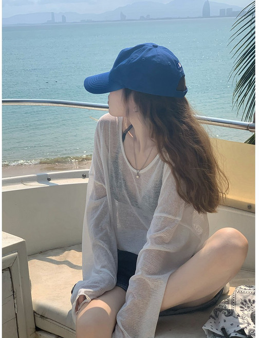 梨卡 防曬長袖罩衫 海邊泳衣比基尼外搭 寬鬆透氣上衣, 白色-現貨馬上出貨
