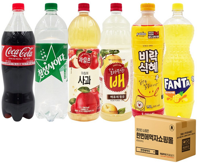 [한번에먹자] 1.25-1.5L 음료수 혼합세트 (코카콜라업소 + 칠성사이다업소 + 아침에사과 + 갈아만든배 + 비락식혜 + 환타파인애플) 각1개씩
