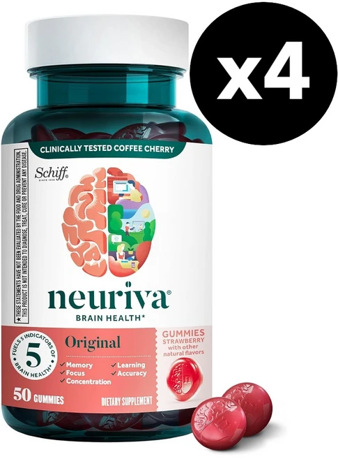 NEURIVA 뇌건강 기억력 집중력 향상 두뇌보충제 구미젤리 50개입 x4통 딸기맛 쉬프 뉴리바 미국직배송, 4개, 50정 - 쿠팡