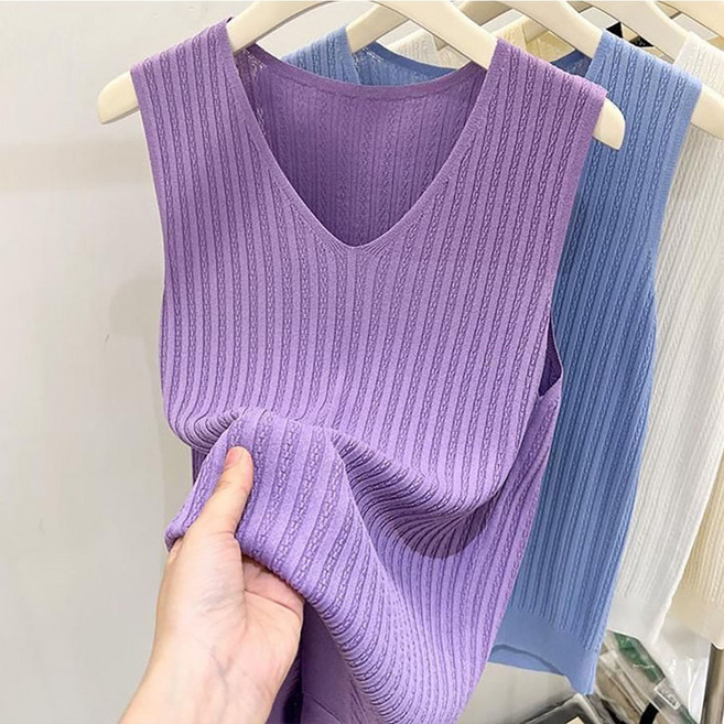 ROYALBELLE 여성 브이넥 슬림핏 골지 조직 얇은 원단 있는 니트 나시 T06013012