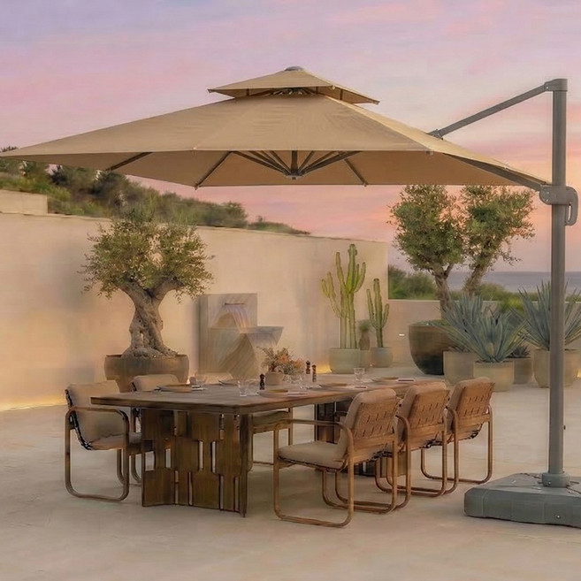 연필트리 파라솔 대형파라솔 홀딩파라솔 받침대 세트, 사각 크림베이지+받침대