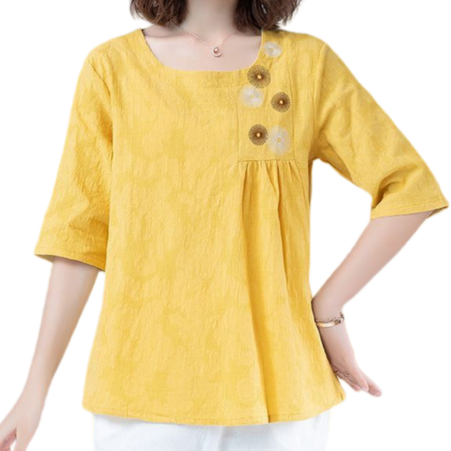 Makone 여성 라운드넥 자수 린넨 블라우스 체형커버 7부 소매 루즈핏 날씬해 보이는 상의