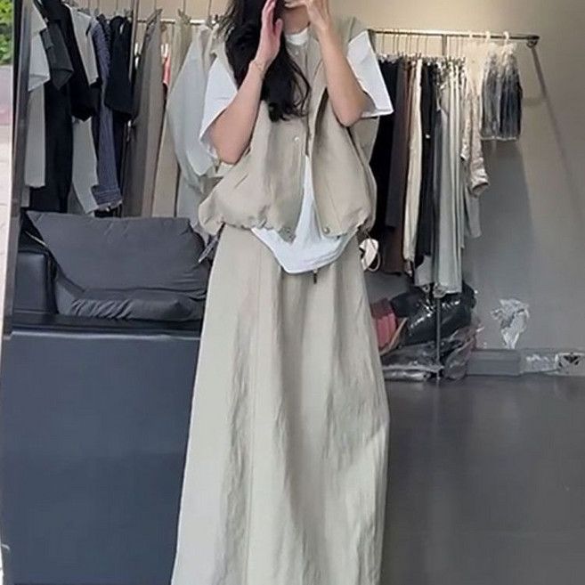 Seofst여성 빅사이즈 쓰리피스 세트 반팔 티셔츠 베스트 하이웨이스트 스커트 체형커버 캐주얼 세트