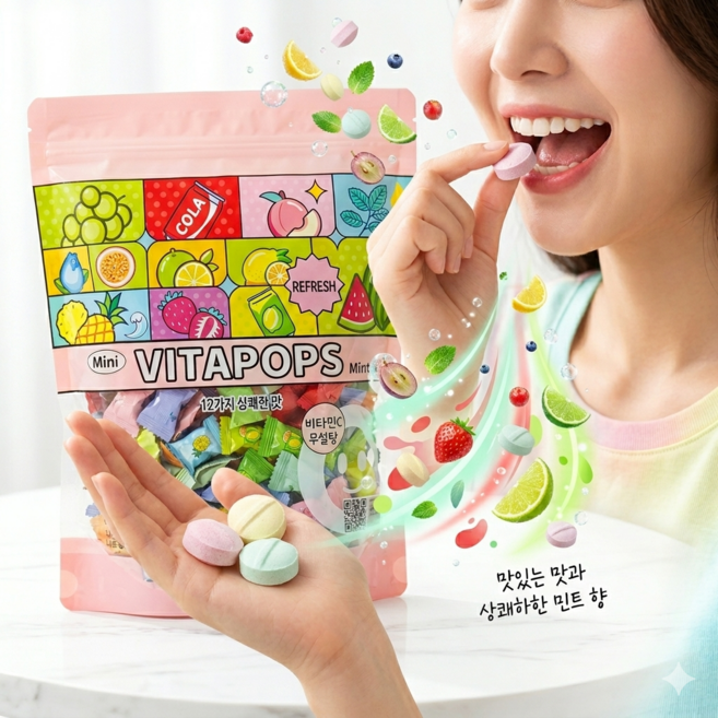 베트남 국민 사탕 입가심용 무설탕 캔디 비타팝스 12가지 맛 상쾌한 민트향, 3개, 100g