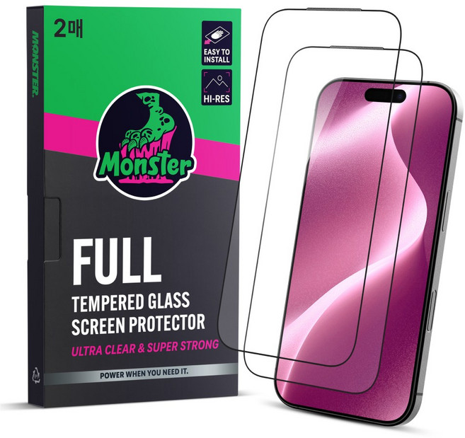 몬스터 고화질 슈퍼강력 투명 강화유리 휴대폰 액정보호필름 2p + 똥손탈출 부착틀, 1세트