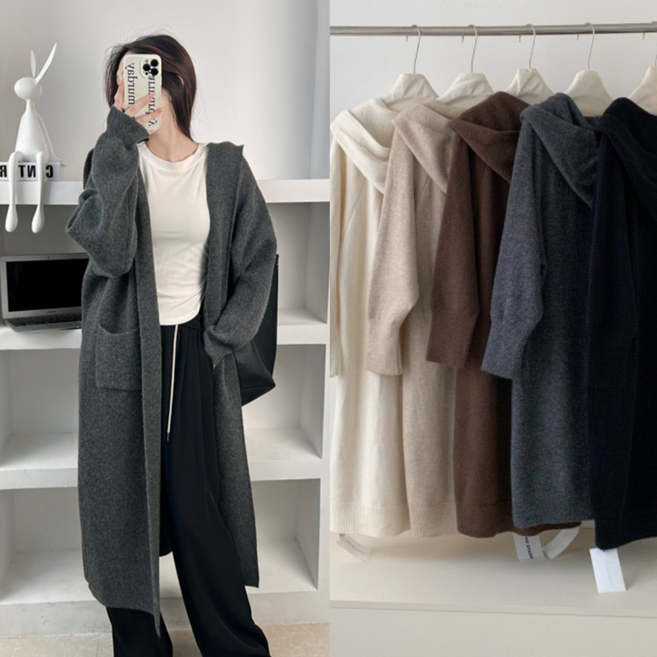 핏몬 여성 도톰 후드 숄 박시 니트 빅사이즈 롱 코트 가디건