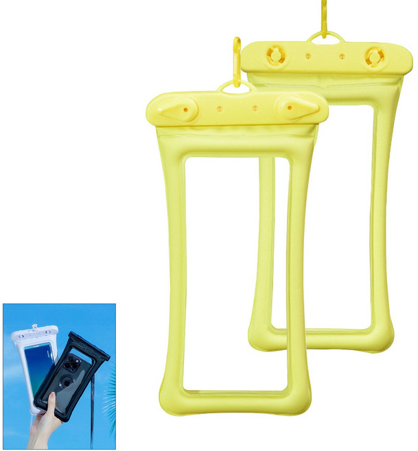 휴대폰 워터프루프방수팩 2개 다용도 에어쿠션 방수 폰 케이스 수영장 물놀이 수중 촬영+ 넥스트랩, 노랑색, 휴대폰 방수팩, 1개