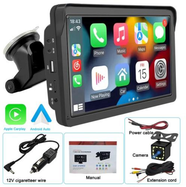 카플레이 모니터 블루투스 네비게이션 블랙박스 후방카메라 차량용 라디오 무선 안드로이드 자동 멀티미디어 비디오 7 인치 휴대용 터치 USB AUX 후면보기 카메라용, A Set