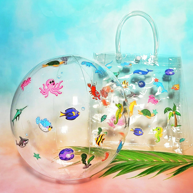 여름 투명 바다동물 비치볼 비치백 스티커 만들기 키트 / 썸머스쿨 여름활동 유아 어린이 미술활동 초등 여름행사 꾸미기 DIY, 1개, 비치볼+투명 바다속친구들