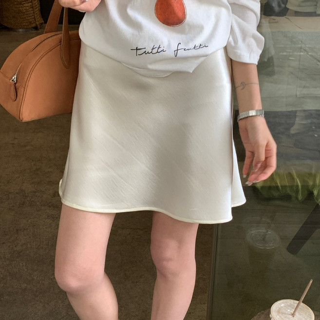 SAHINER 여성 하이웨스트 A라인 실키 미니스커트 여름 데일리룩