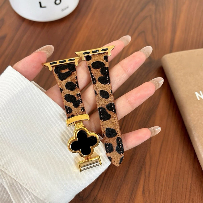 생활보물창고 애플워치 가죽스트랩 네잎클로버 호피무늬 여성 소가죽, 1개, 블랙
