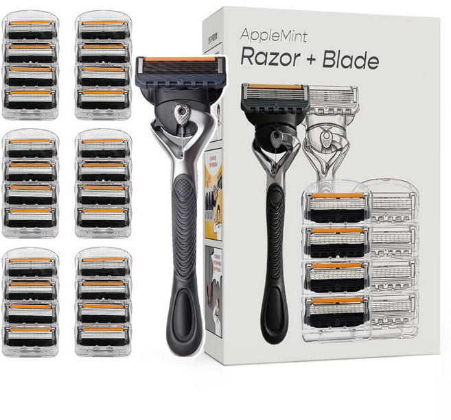 비브랜드 애플민트 면도기+5중 면도날 질레트 퓨전 프로글라이드 호환, 1세트, 면도기+면도날 24개입
