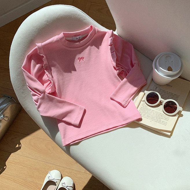 굿도우 여아 리본 자수 골지 티셔츠