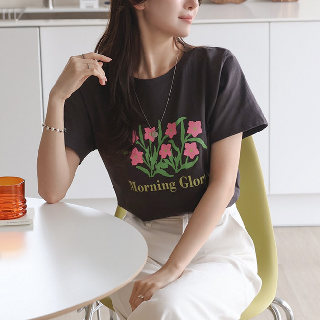 데일리앤 글래디 플라워 프린팅 여성 기본핏 여름 면 반팔 티셔츠 이너