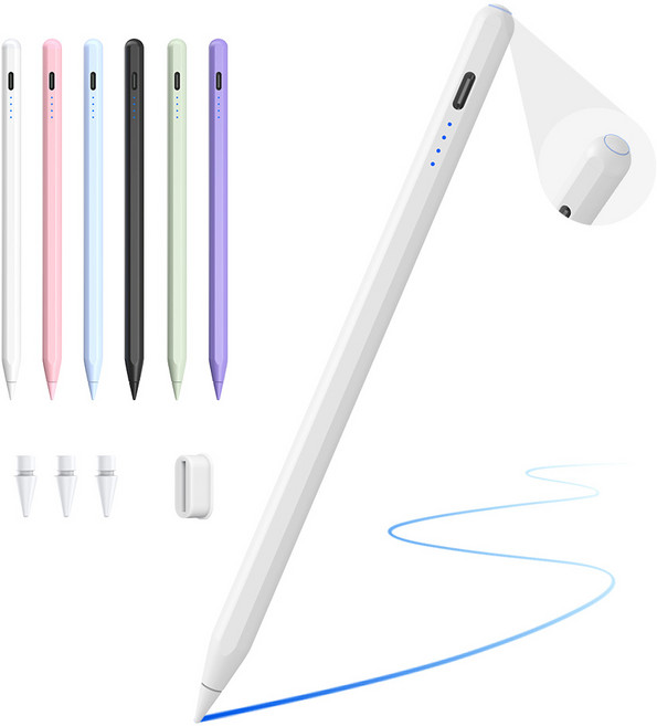 JAMJAKE 아이패드 호환 스타일러스 펜슬 스마트 터치펜 초미세 펜촉 USB-C 충전식 SP8, 1개, 화이트