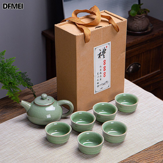 DFMEI 哥窯汝窯禮品禮盒茶具套裝公司活動伴手禮年會中秋隨手禮, 簡易盒仿古壺一壺6杯, 參考詳情, 1個