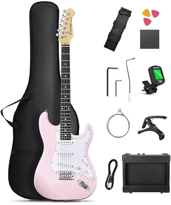 Donner 일렉트릭 기타 초보자 세트 ST타입 SSS 픽업 39인치 풀사이즈 미니 앰프 포함 전용 케이스와 튜너 등 액세서리 9종 세트 DST80P 핑크, 1개, 상세페이지 참조, 상세페이지 참조