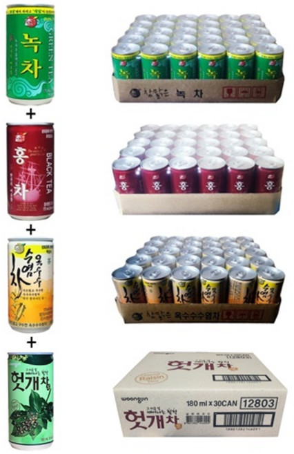 참맑은 녹차 175ml(30캔) + 참맑은 홍차 175ml(30캔) + 참맑은 옥수수수염차 175ml(30캔) + 웅진 헛개차 180ml(30캔), 120개, 175ml