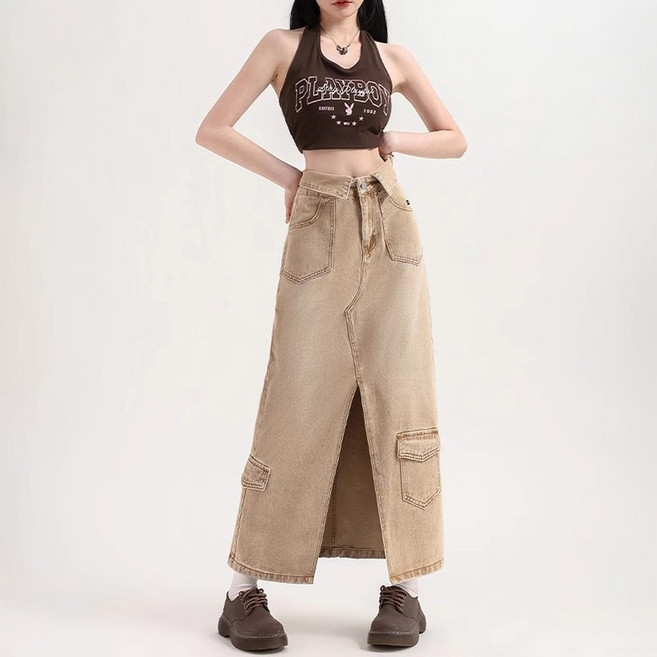 美式工裝A字牛仔裙女春季2025年新款高腰顯瘦辣妹翻邊半身長裙子