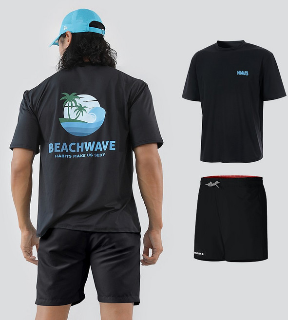 남자 오버핏 반팔 래쉬가드 상의 + 반바지 상하의 세트