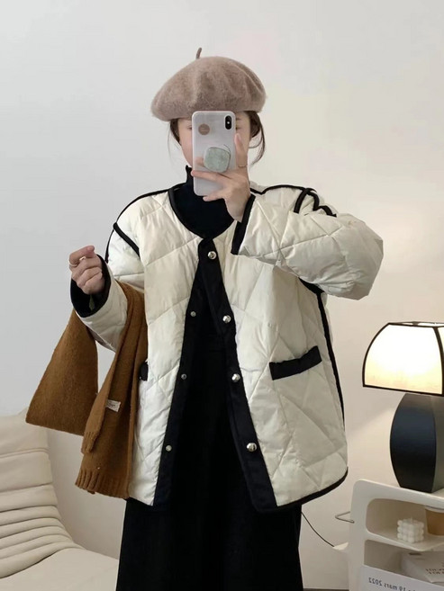 봄가을 패딩 여 숏 슬림 노카라 일본계 마름모 체크 패딩 캐주얼 패션