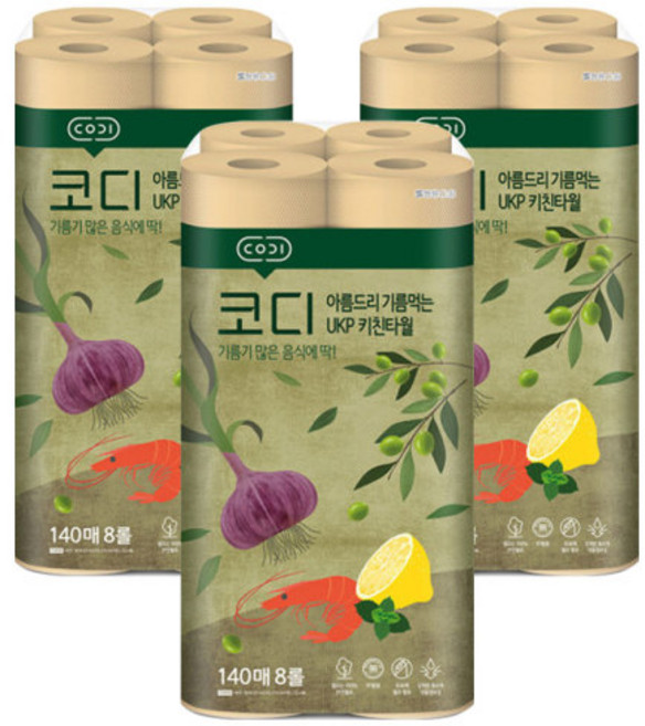 코디 아름드리 기름먹는 UPK 키친타올 140매8롤 X 3개 (증정 어묵스프6g), 1개입, 1개