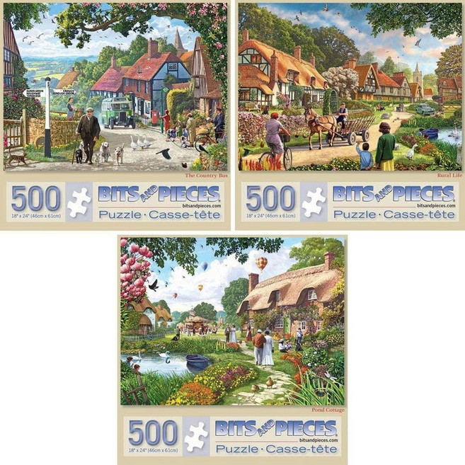 Bits and Pieces 성인용 대형 300피스 직소 퍼즐 3개 밸류 세트 - 아티스트 스티브 크리스프의 마을 생활 직소 퍼즐 완성된 퍼즐 사이즈: 45.7cm x 61c, Three 500 Piece Puzzles