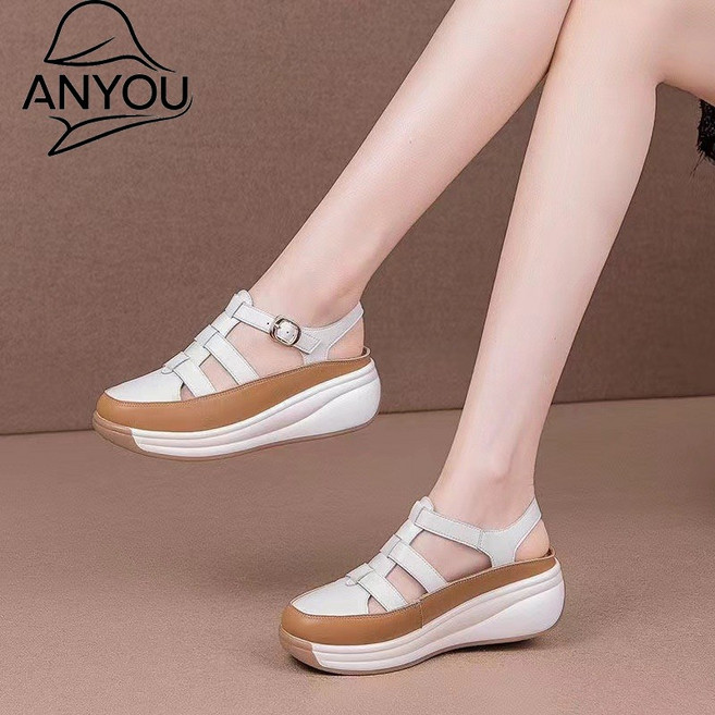 ANYOU 여성 여름 패션 샌들 가죽 캐주얼 퉁굽샌들 여성샌들