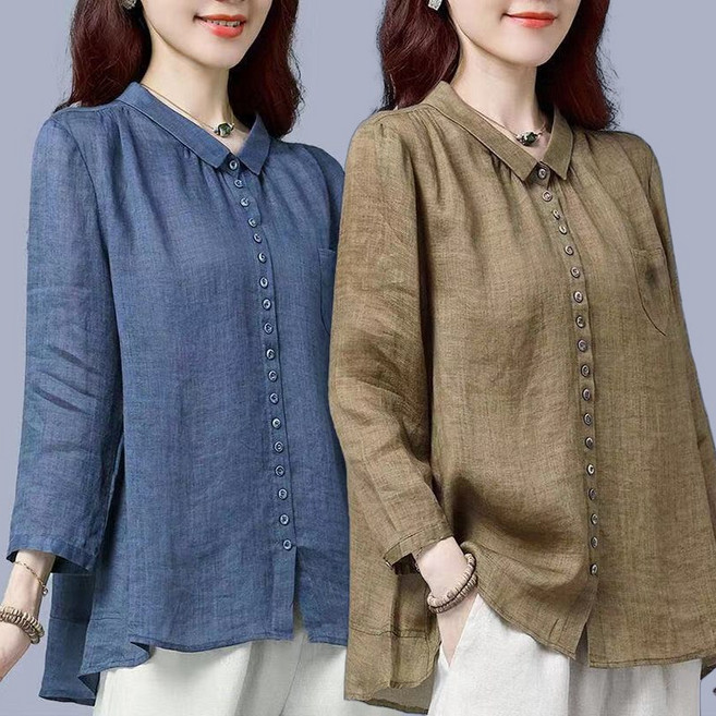 간절기 빅사이즈 긴팔티 린넨 블라우스 중년여성의류 루즈핏 셔링 면마 셔츠 티셔츠 상의 카라티