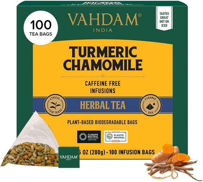 VAHDAM Turmeric Spice 허브 티백 (피라미드 티백 100개) | 카페인 프리 GMO 프리 및 글루텐 프리 | 카다몬 시나몬 레몬그라스 및 흑후추가 함유된, 1개, 100개