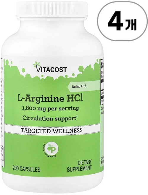 비타코스트 L-아르기닌 HCl 900mg Vitacost L-Arginine HCl 900 mg 200정, 4개 - 쿠팡