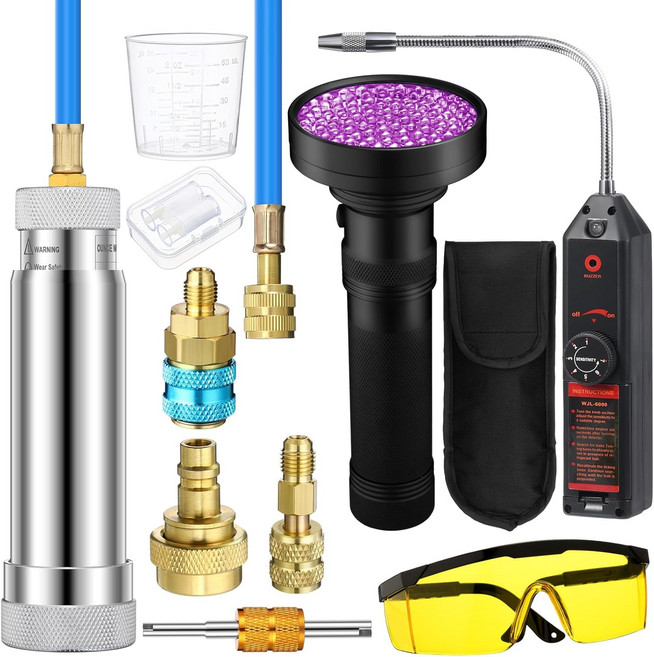 R1234yf R134a R410a용 텔레글로우 교류 누출 감지 키트 오일 염료 주입기 냉매 도구 세트 로우사이드 퀵 커플러 스플릿 어댑터 손전등 보호 안경