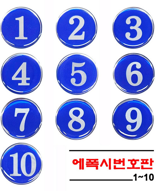[감동] 에폭시 원형번호판 사물함번호 테이블번호 원형번호판 목욕탕번호 숫자안내판 번호스티커 라커번호, 1세트, 파랑 1~10