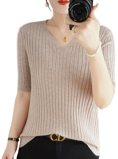 여성용 베이직 브이넥 골지 부드러운 반팔 니트