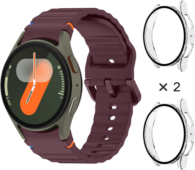 데일리피 갤럭시워치 호환 실리콘 컬러풀한 스티치 스트랩 8/7/6/6클래식/5/5프로/4/4클래식+PC 케이스 2개, 보라색/투명