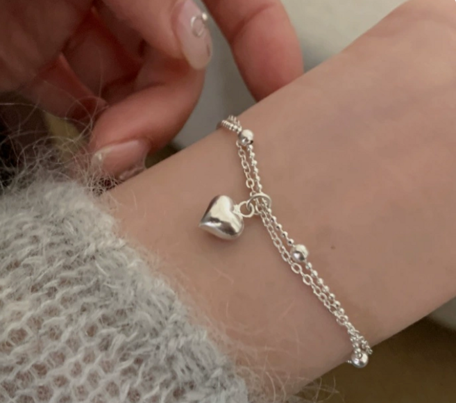 순은 925 귀여운 하트 실버볼 더블 체인 팔찌 심플한 데일리 팔찌