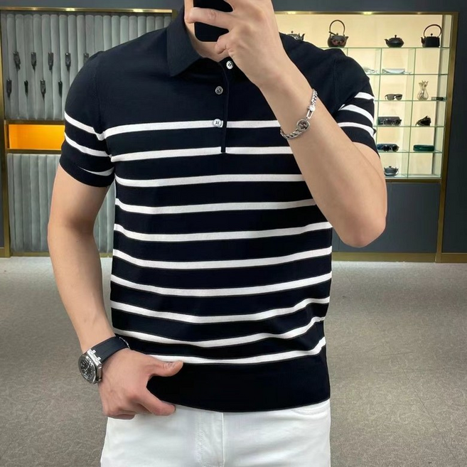 JoYouth AC1211 남자 봄 여름 면혼방 카라넥 반팔 니트 티셔츠 줄무늬 단카라 스트라이프 쿨에어 쿨링 캐주얼 상의 데일리룩
