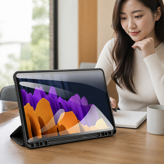 갤럭시탭 S11 2025 북커버 펜슬 거치 SM-X736N 보호필름세트, 1개, 블랙