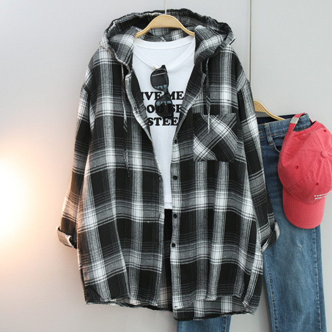 달콩 여성 빅사이즈 루즈핏 카라셔츠 와이체크후드롱셔츠