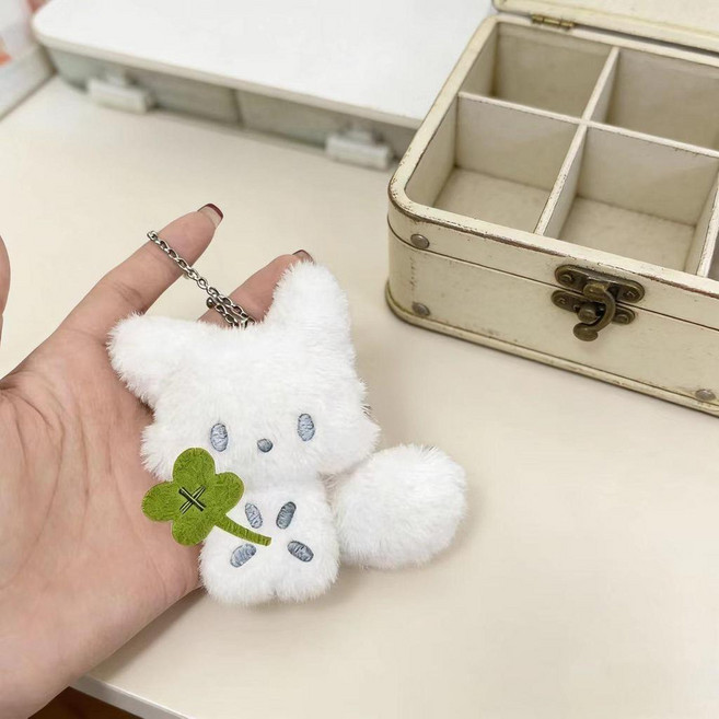 可愛四葉草小狐狸毛絨掛件 玩偶鑰匙扣 揹包飾品, 1個, 四葉草小狐狸【白色】