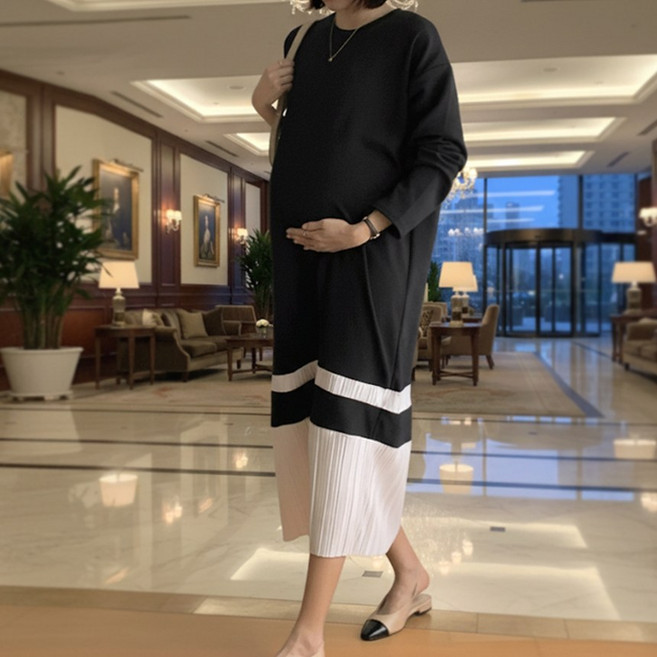 [당일출고] 수엠W 임부 긴팔 원피스 플리츠 배색 루즈핏 임산부 원피스 C16 블럭원피스
