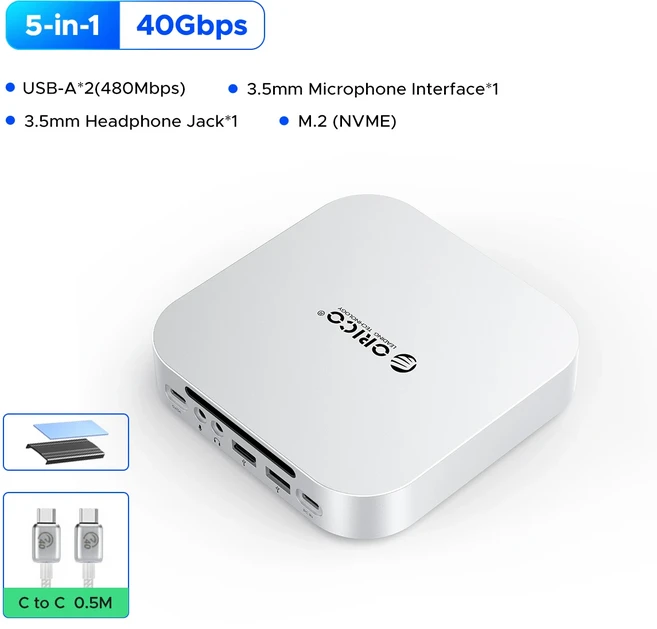 ORICO 새 버전 MiniLink USB 허브 도킹 스테이션 (맥 미니 M4 M4 Pro M.2 NVMe SSD 8TB 최대 40Gbps USB-A&, 01 40Gb NO SSD
