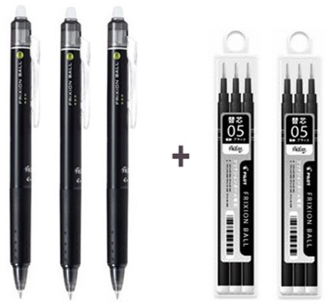 파이롯트 프릭션 노크 지워지는 볼펜(파이롯트 정품 블리스터 케이스 포장/선물용), 0.5mm흑색 3자루+리필(3본입)2개 세트