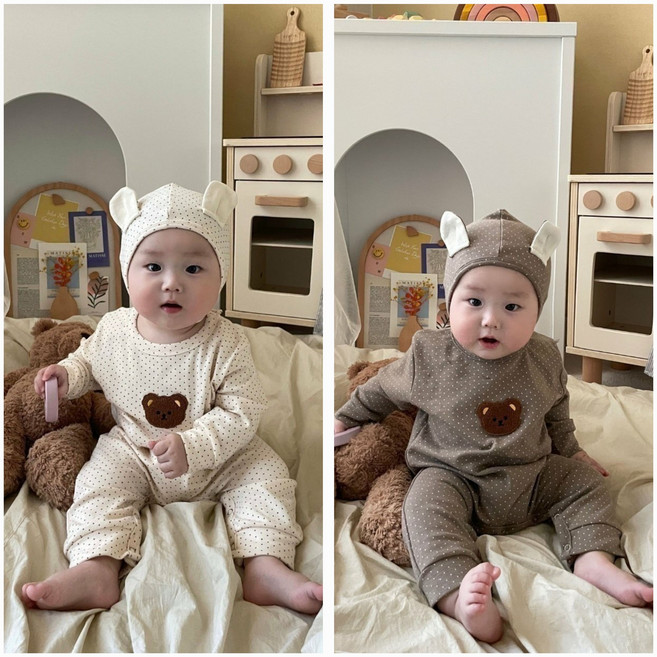 북유럽풍 아기옷 베이비옷 아기우주복 신생아옷 3개월 6개월 백일 곰돌이 바디슈트+보넷 세트 긴팔슈트 조동친구 촬영룩 커플룩 쌍둥이룩 남매룩 형제룩 자매룩 코디