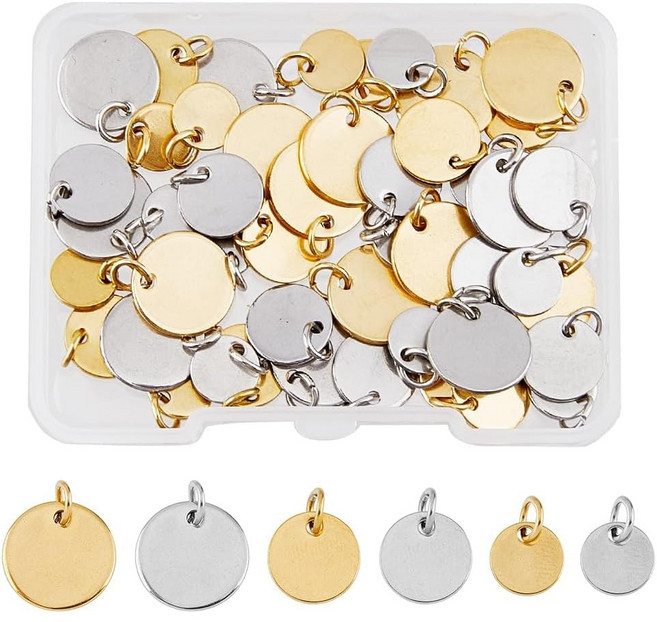 스테인리스 스틸 각인 펜던트 세트 골드 스테인리스색 원형 오픈 쥬링 포함 주얼리 DIY 총 48개