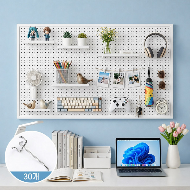 Keyura 철제 타공판 벽걸이 페그보드 수납 정리보드 DIY 인테리어 후크30개 포함, 1개, 화이트100cm*60cm
