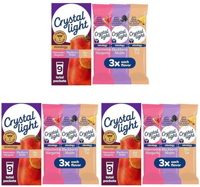 Crystal Light Mixology 무설탕 저칼로리 버라이어티 팩 파우더 드링크 믹스 박스당 9 개 3 박스