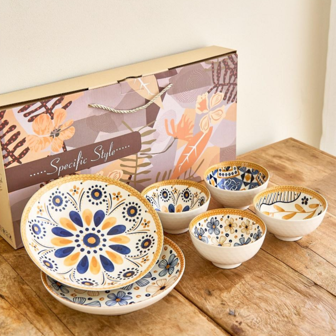 메리테이블 선물포장 집들이 선물 그릇 홈 세트, 1세트, 그릇4+접시2, 에스닉