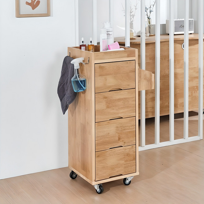 아리스타 원목 이동식 서랍 트롤리 미용 트레이, 네추럴, 4단